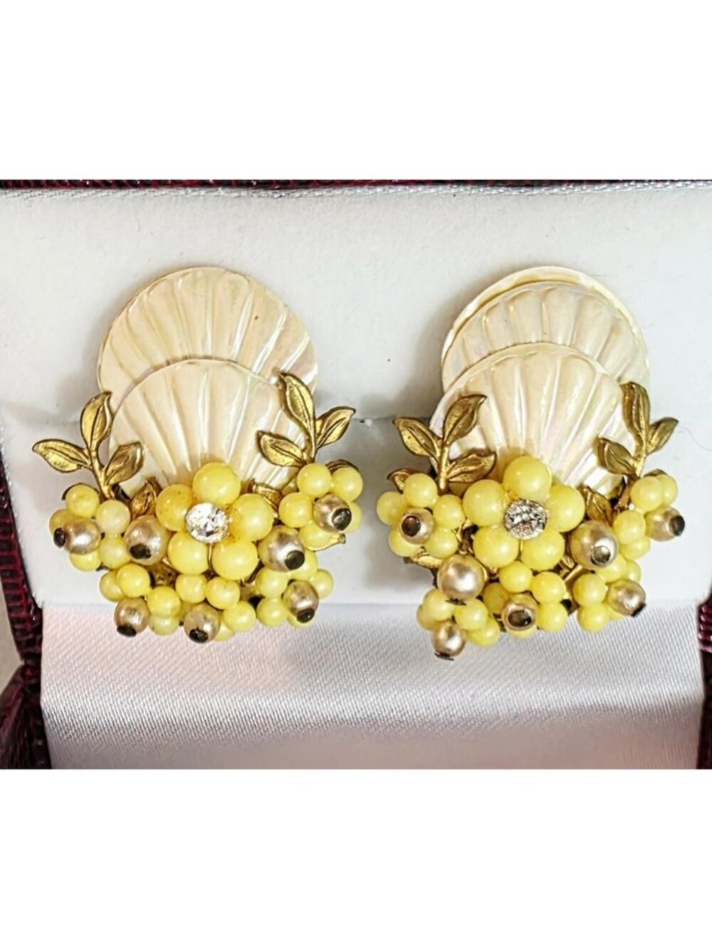 Vintage MCM Clip-On Shell and Yellow Beaded Earrings, 38